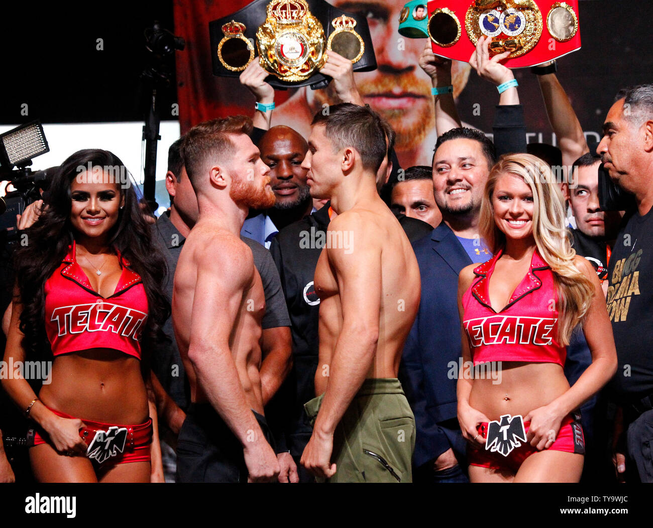 Canelo Alvarez And Gennady Golovkin On Stage During The Weigh In For