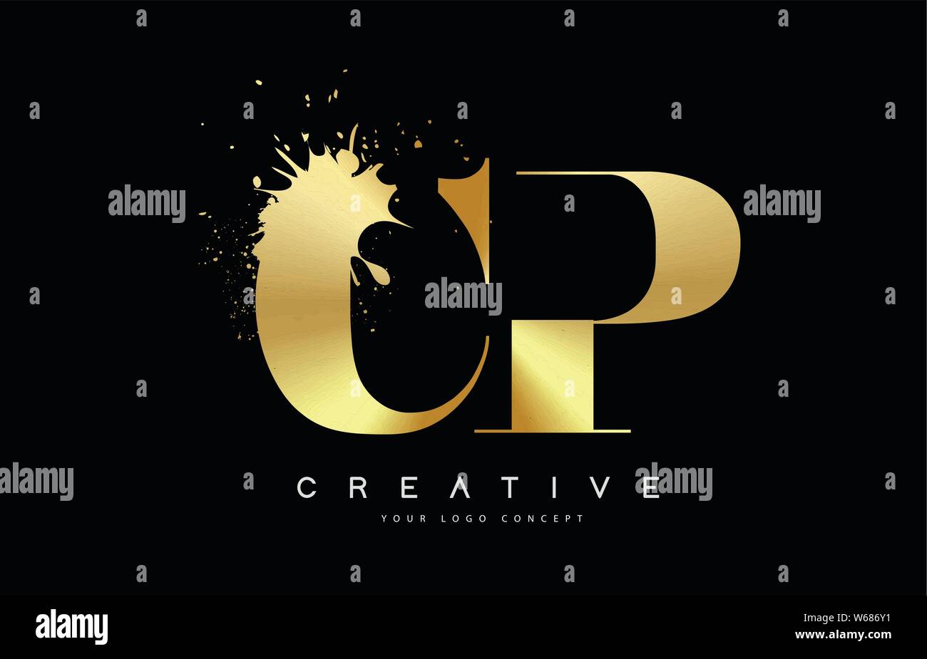 Cp C P Letter Logo With Gold Melted Metal Splash Vector Design