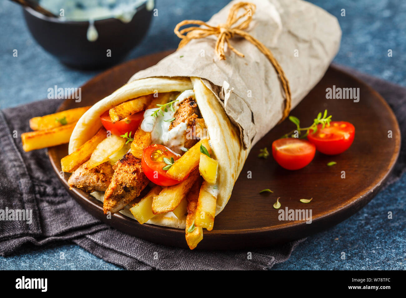 Gyros Souvlaki Wraps In Pita Bread With Chicken Potatoes And Tzatziki