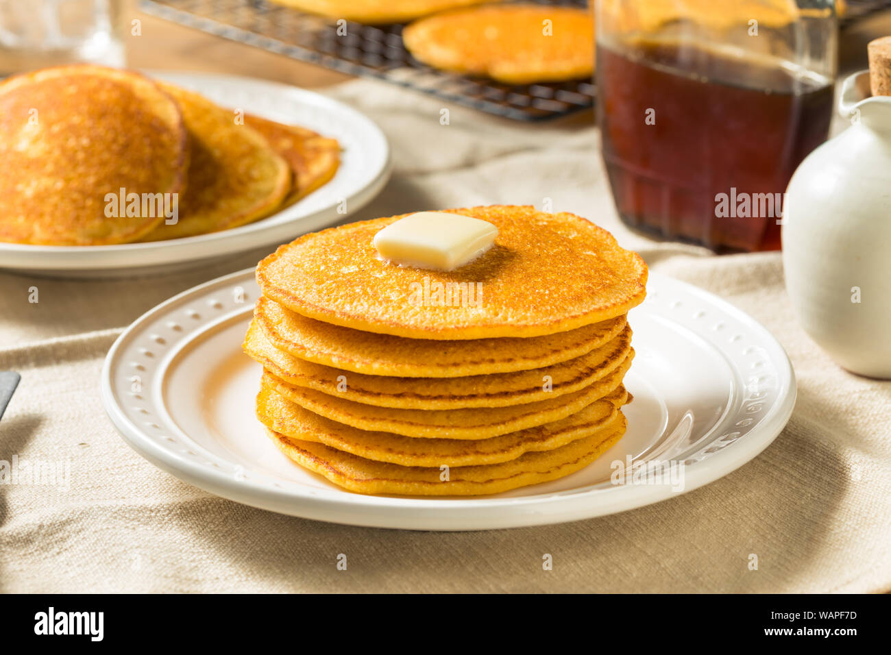 Homemade Corn Meal Johnny Cakes With Butter And Syrup Stock Photo Alamy