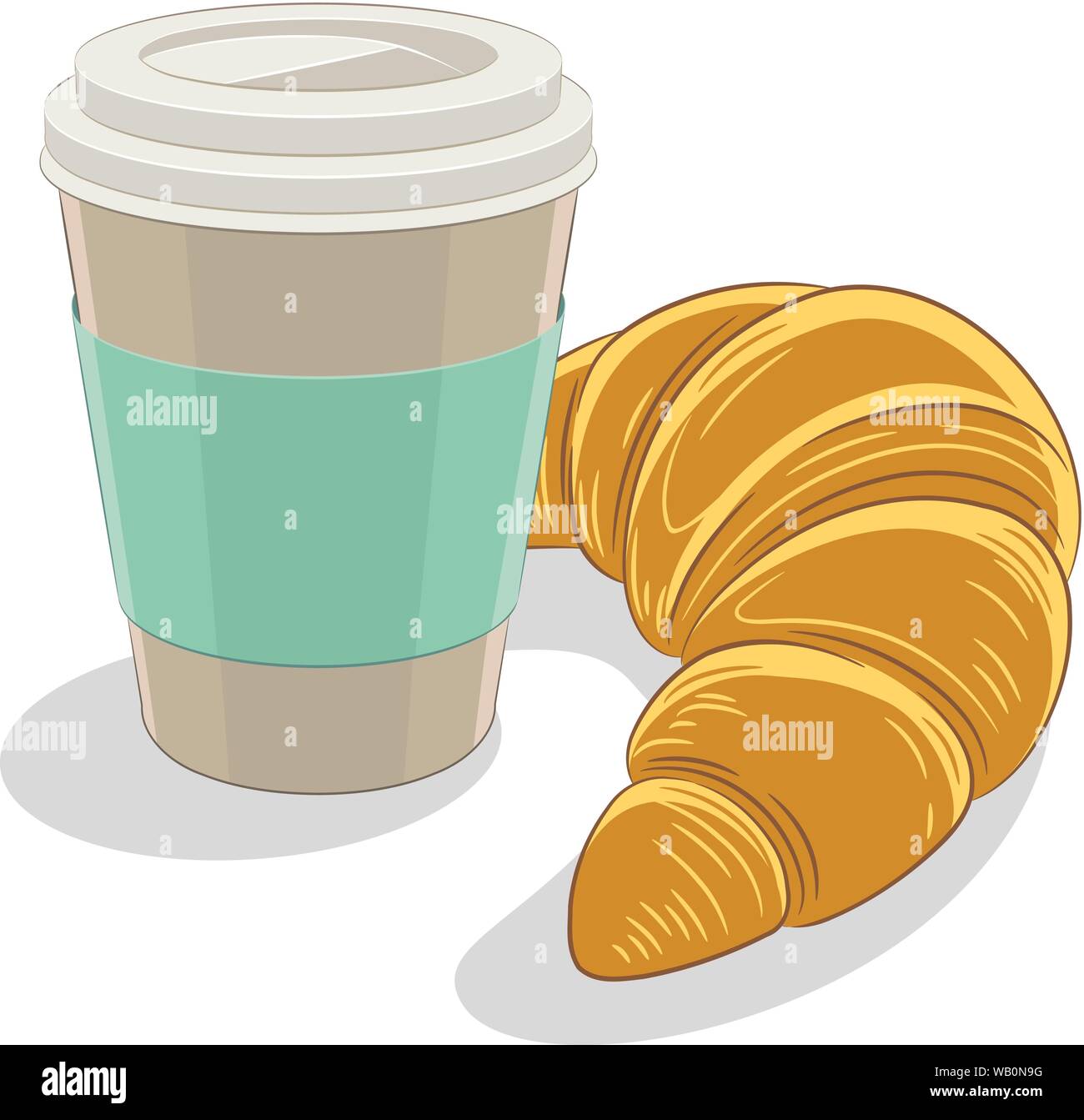 Vector Illustration Of Paper Coffee Cup And Croissant Breakfast