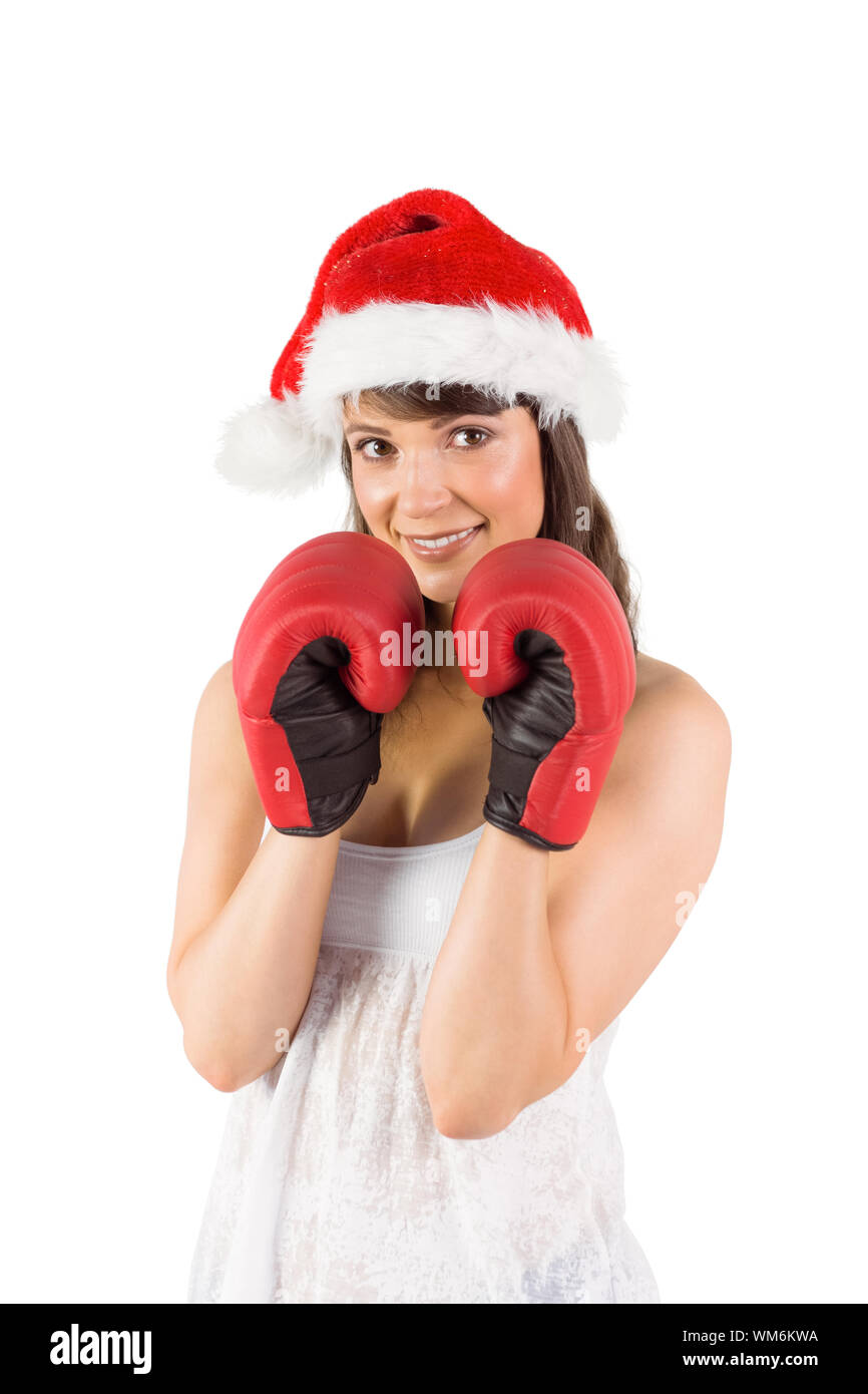 Festive Brunette With Boxing Gloves On White Background Stock Photo Alamy