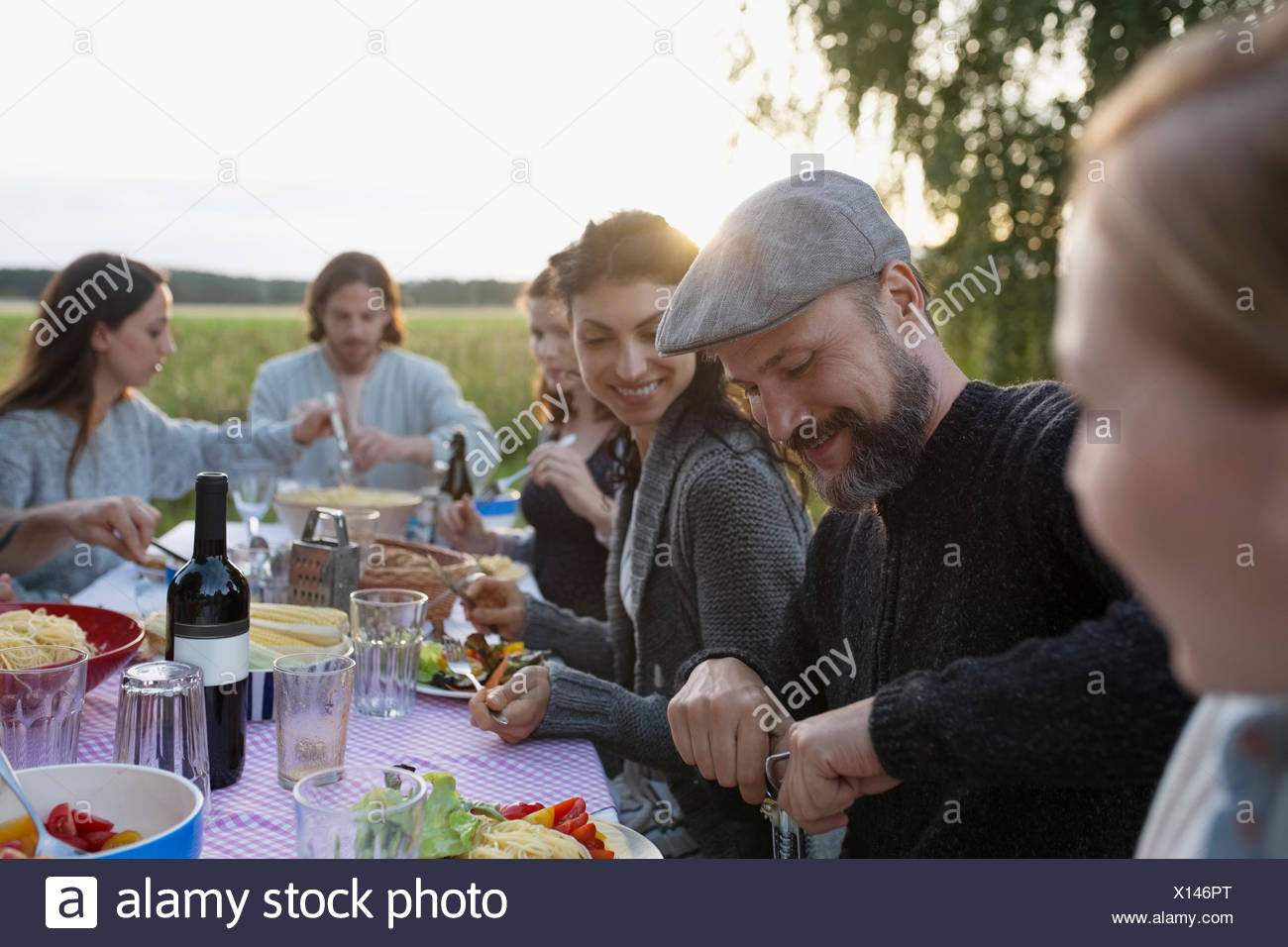 Friends Enjoying Summer Garden Party In Rural Summer Yard Stock