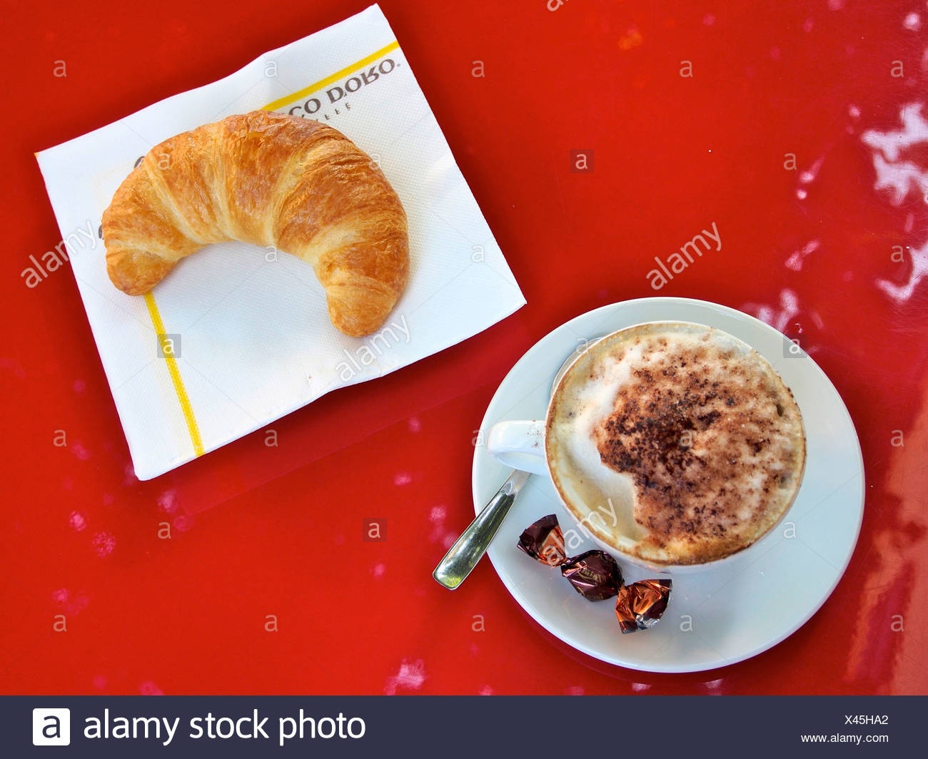 Cappuccino Coffee Chocolate Croissant Bread Spoon Napkin Cup Plate Food Cappuccino Coffee Chocolate Croissant Bread Spoon Napkin Cup Plate Food