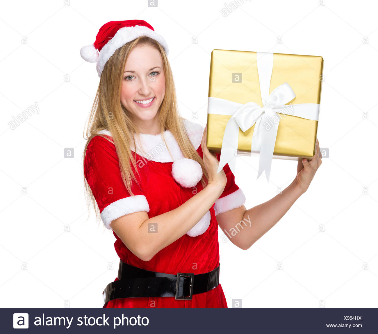 Woman With X Mas Costume Holding A Big Golden Giftbox Woman With X Mas Costume Holding A Big Golden Giftbox