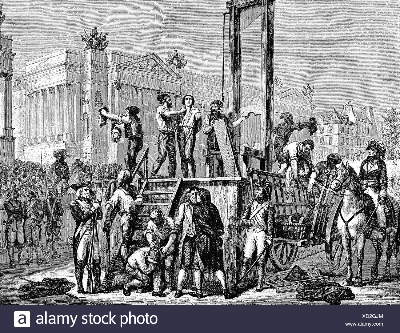 Robespierre, Maximilien de, 6.5.1758 - 28.7.1794, French politician, his execution with the Guillontine, Place de la Revolution, 28.7.1794, wood engraving ...