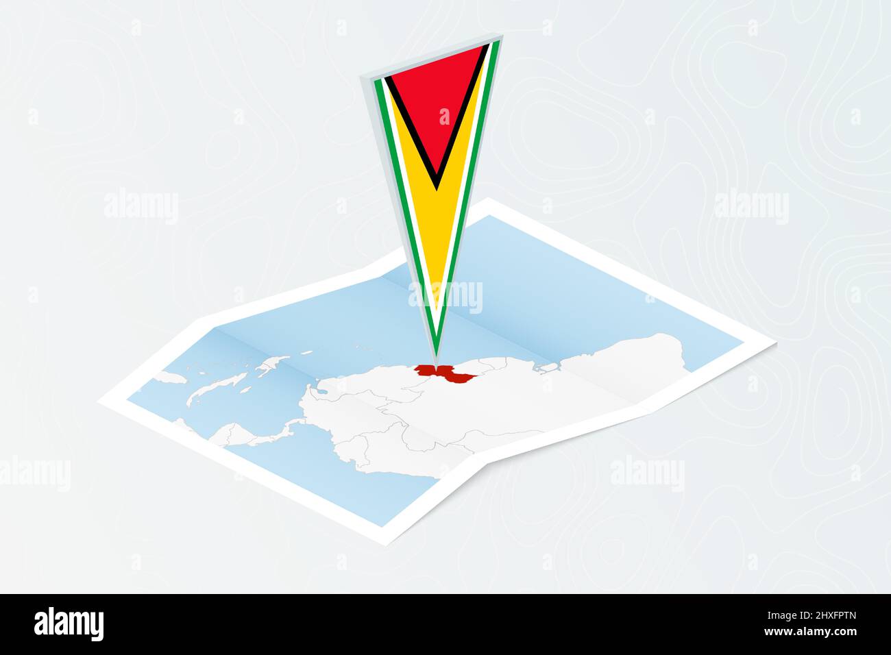 Isometrische Papierkarte Von Guyana Mit Dreieckiger Flagge Guyanas Im