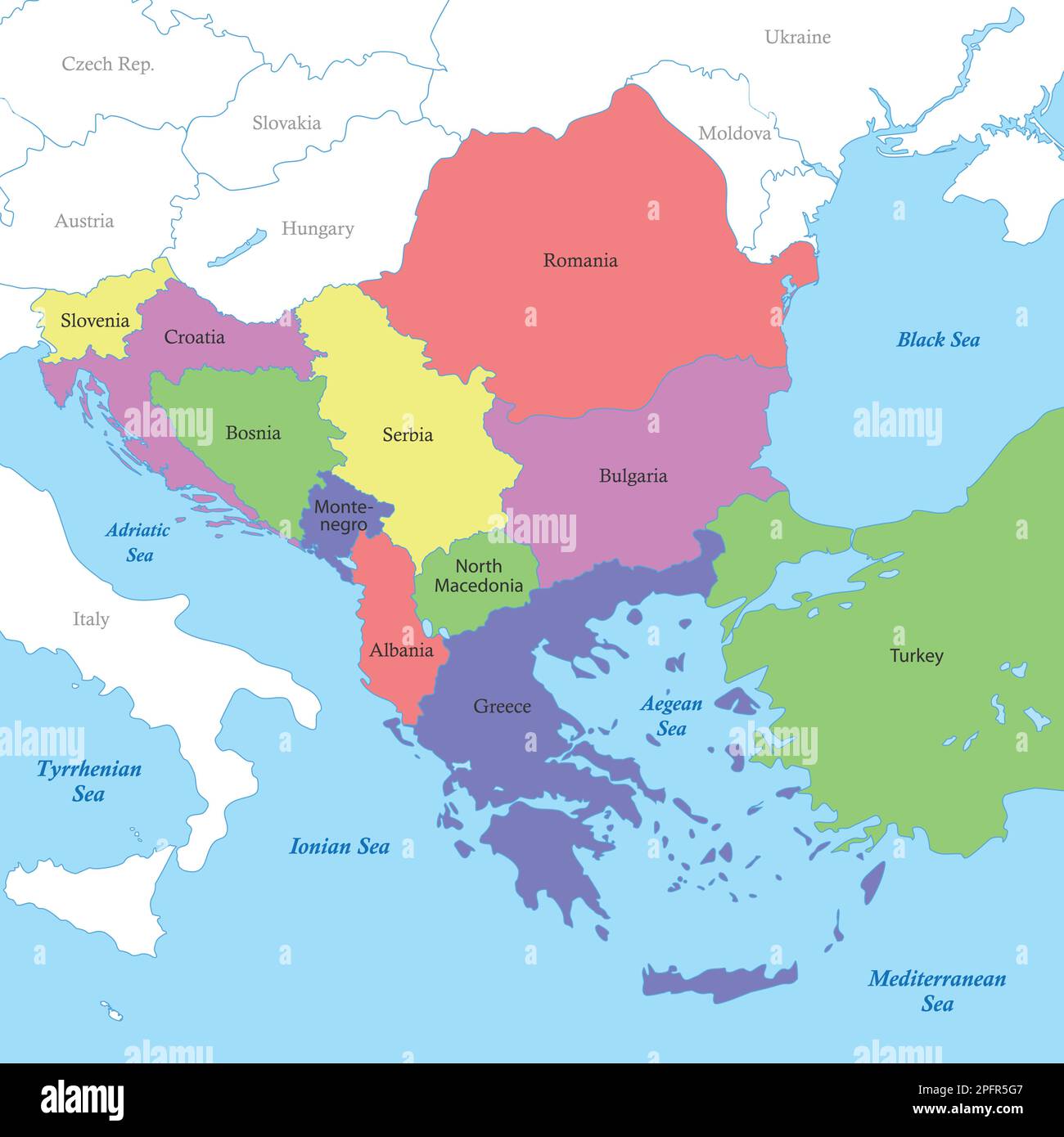 politische Karte des Balkans mit den Grenzen der Länder farblich