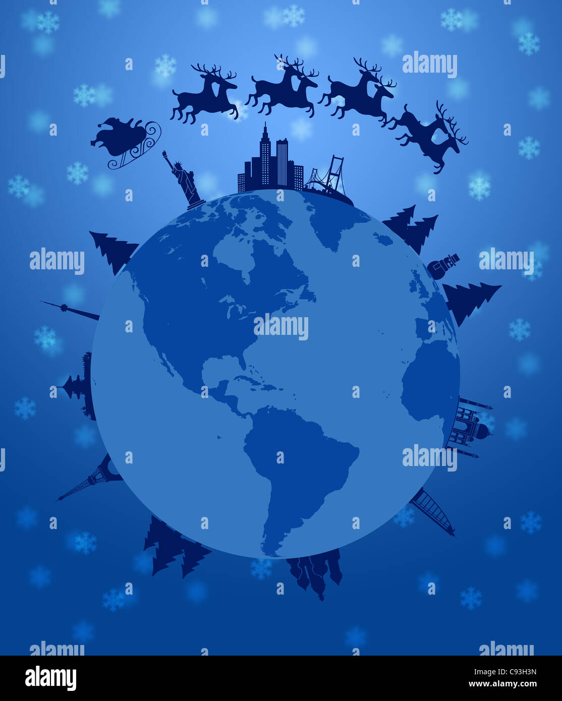 Schlitten und Rentiere fliegen um die Welt Erde Globus Illustration