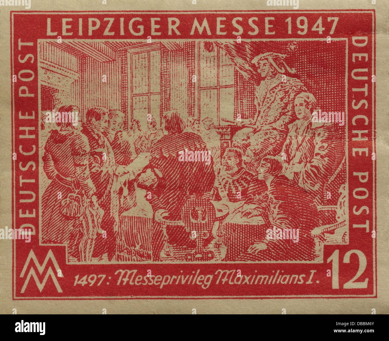 Rot 12 Pfennig Briefmarke Datiert 1947 Zeigt Kaiser Maximilian