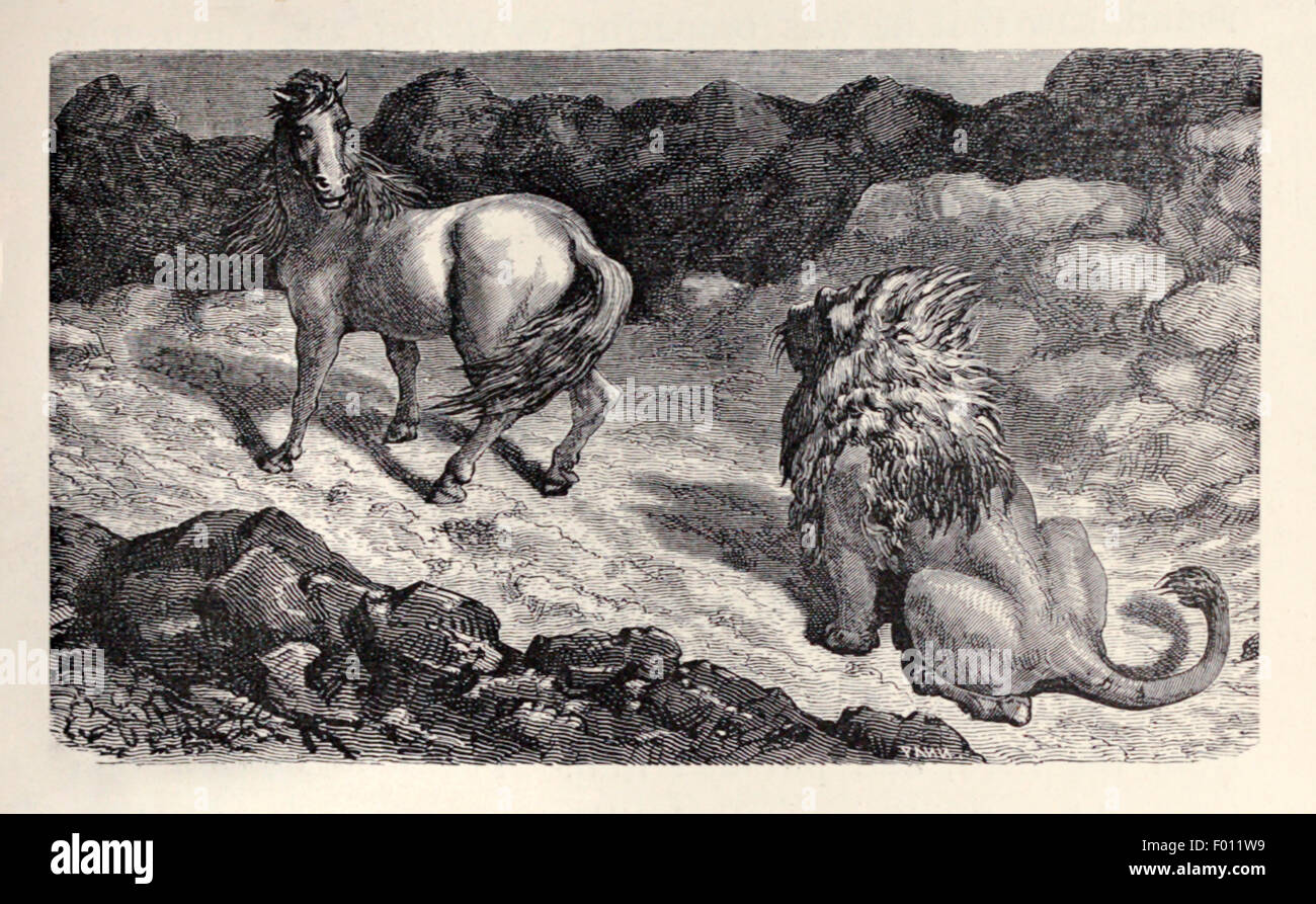 &ldquo;Das Pferd und der Löwe&rdquo; Fabel von Aesop (ca. 600). Ein Löwe wollte ein
