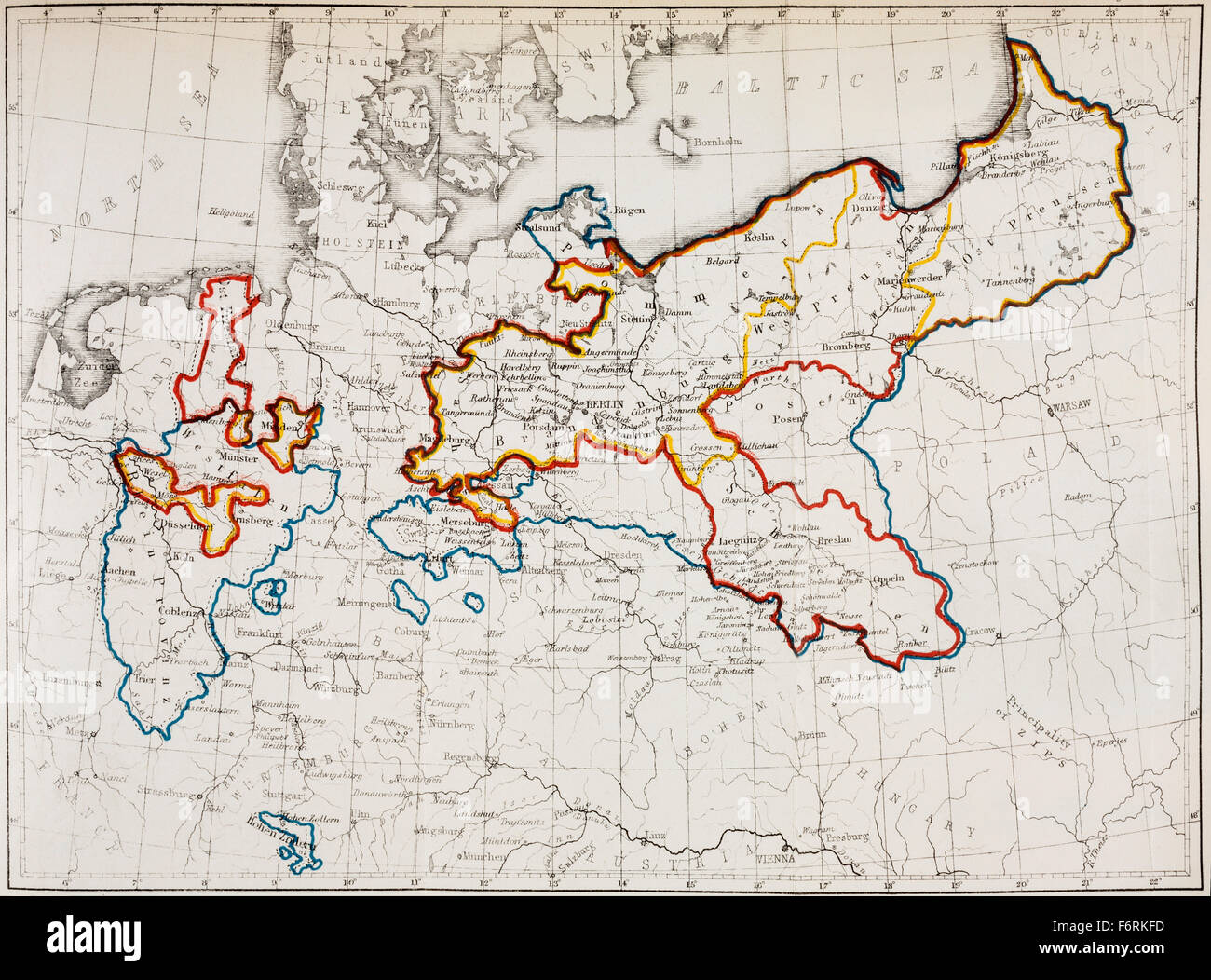 Das Königreich Preußen von 1740 bis 1815. Gelben Umriss; im Jahre 1740