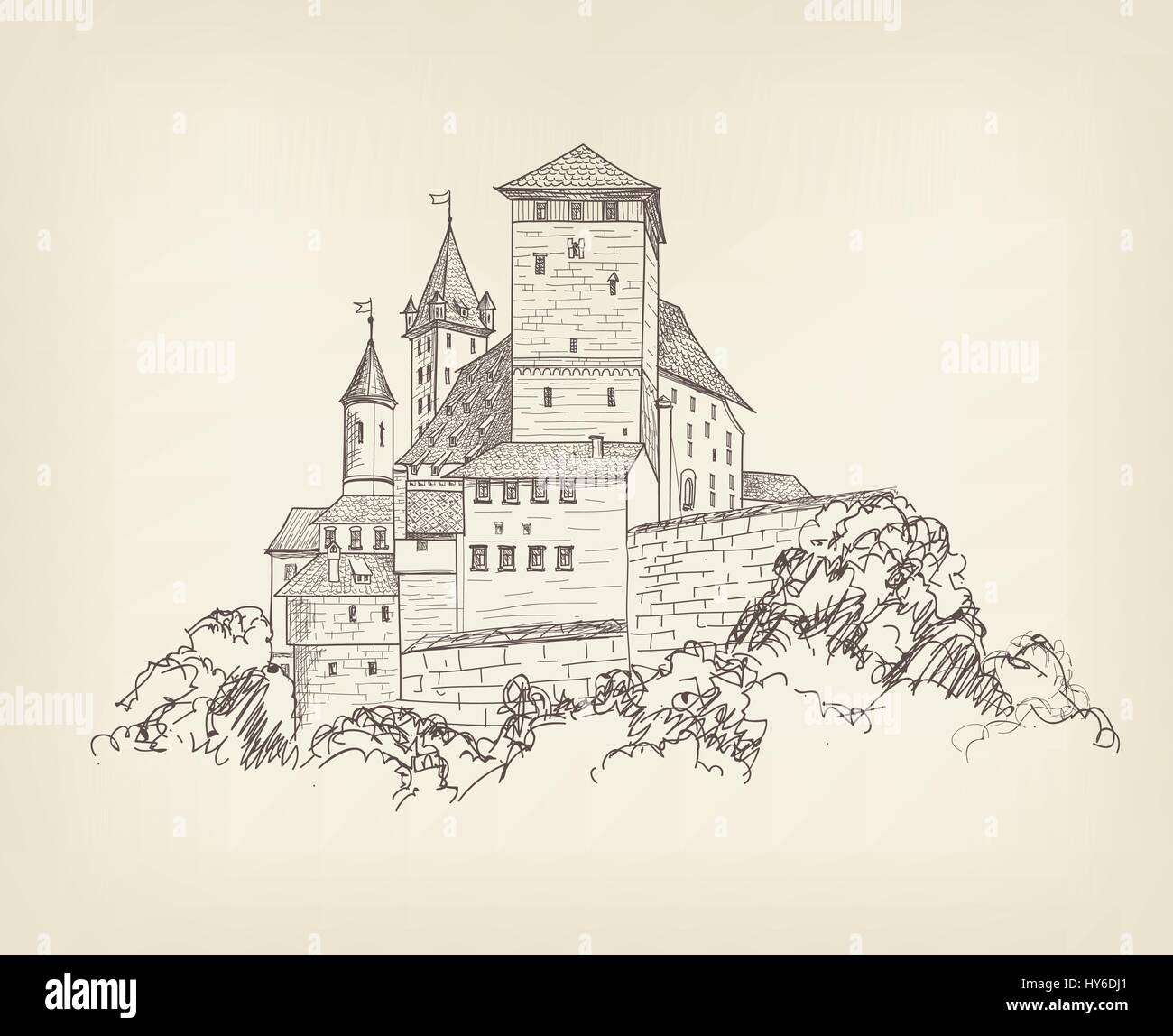 Alte Burg Landschaft Gravur. Turm Gebäude Skizze skyline Vektor