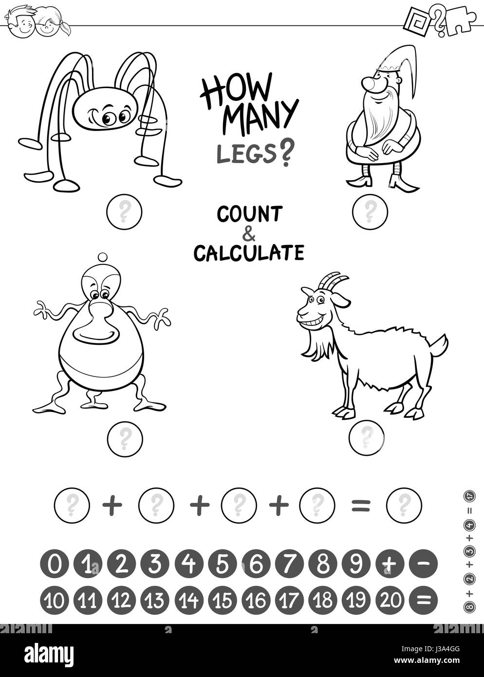 Schwarz Weiß Cartoon Illustration von pädagogischen mathematische