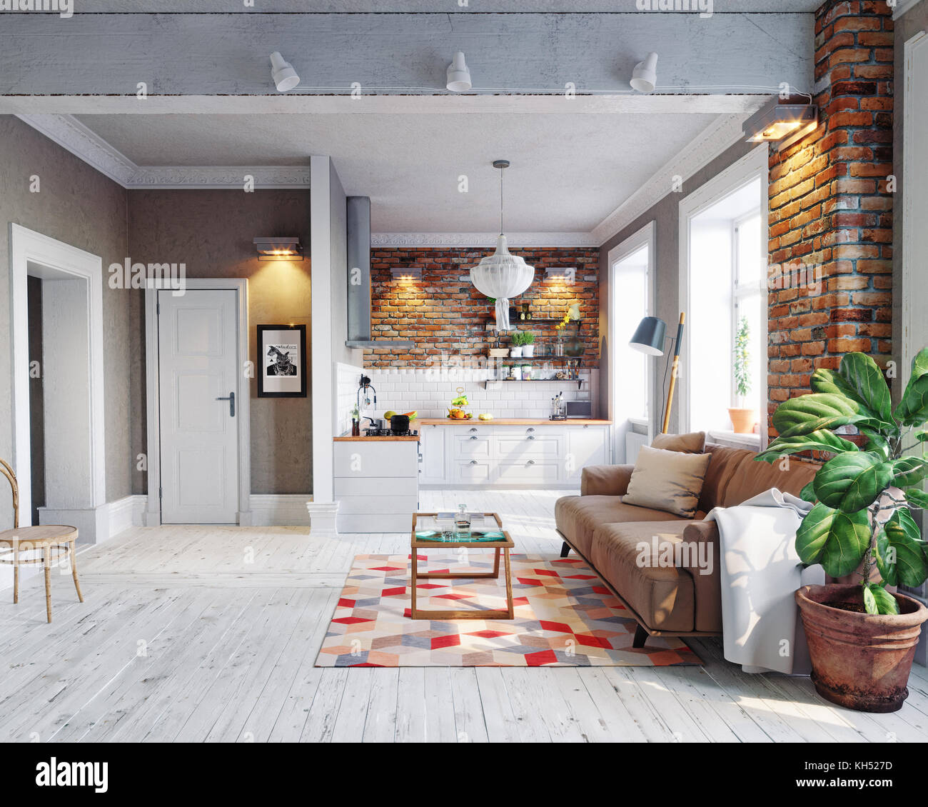 Modernes Apartment Interieur. skandinavisches Design. 3D-rendering ... Modernes Apartment Interieur. skandinavisches Design. 3D-rendering ...