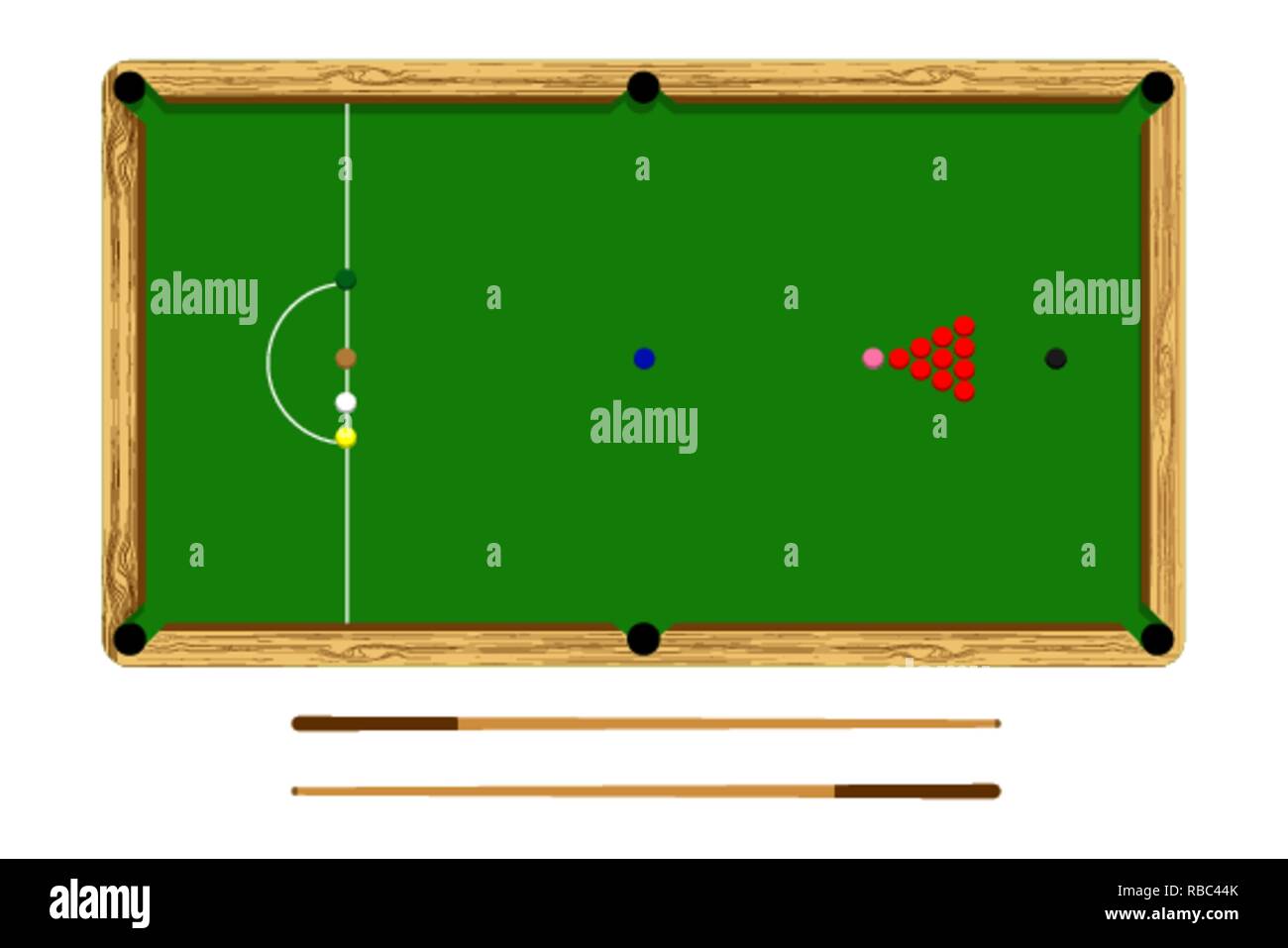 Flache Cartoon Snooker Billard Ball Set Braune Holztisch Und Cue Auf