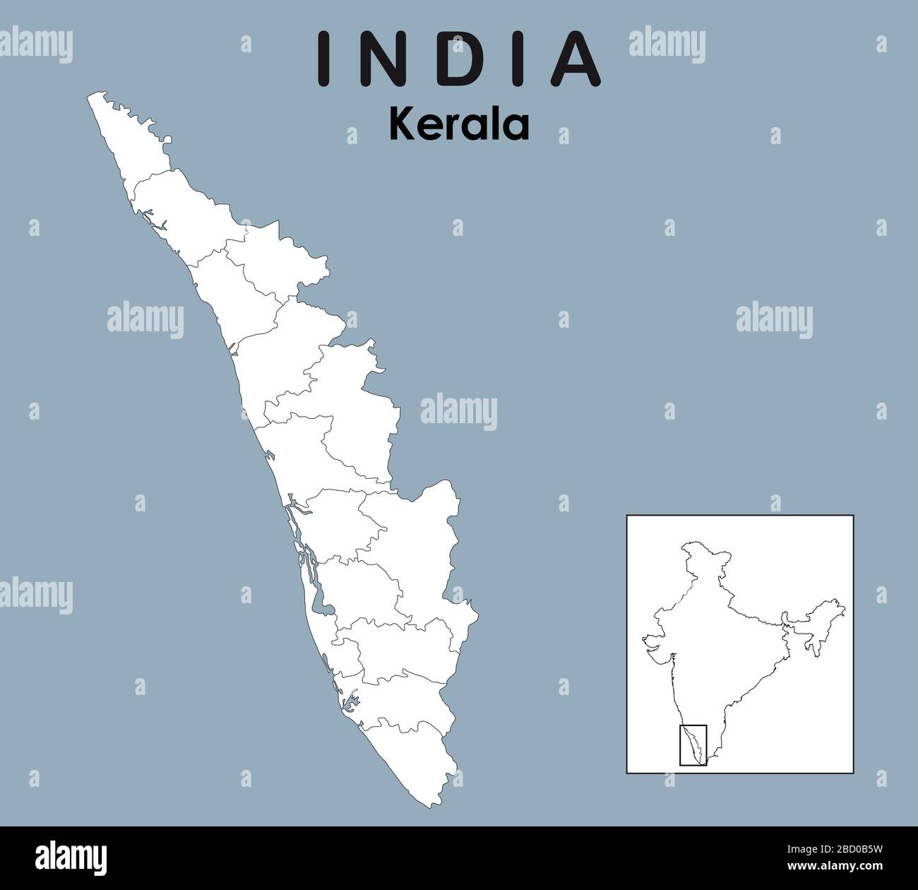 Mapa de Kerala Ilustración vectorial del mapa distrital de Kerala con