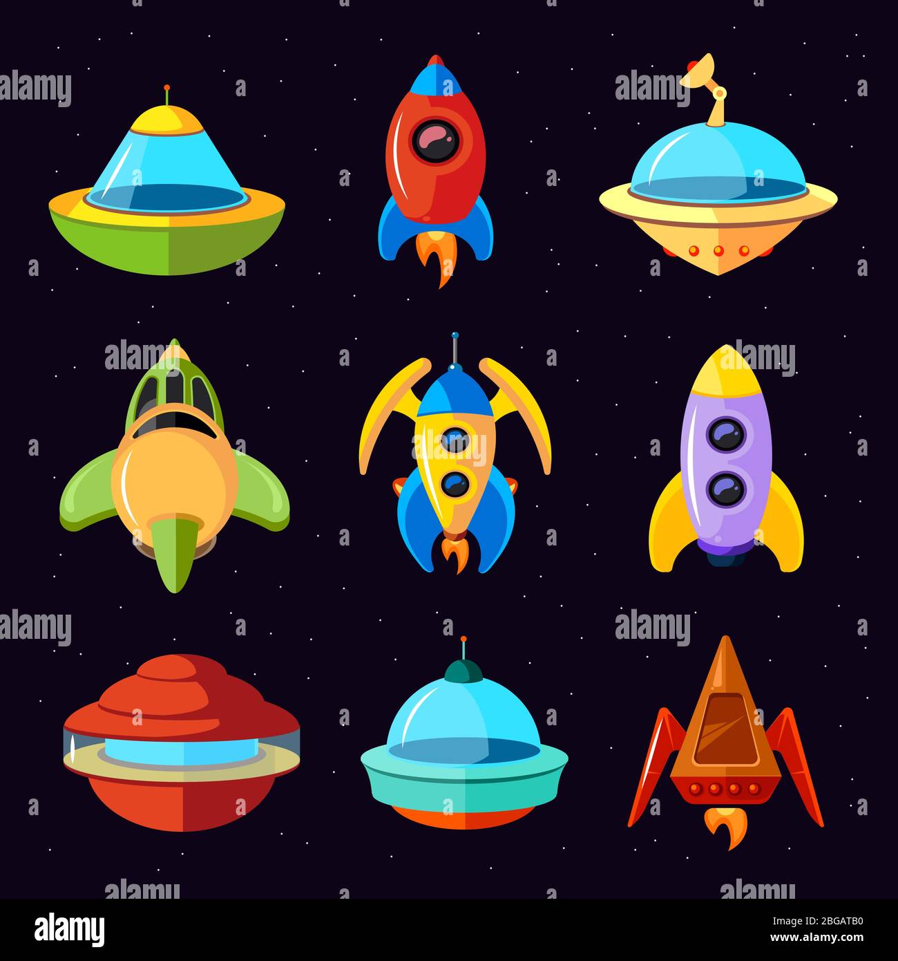 Vector de dibujos animados fantástico ovni naves espaciales y cohetes vector conjunto Imagen