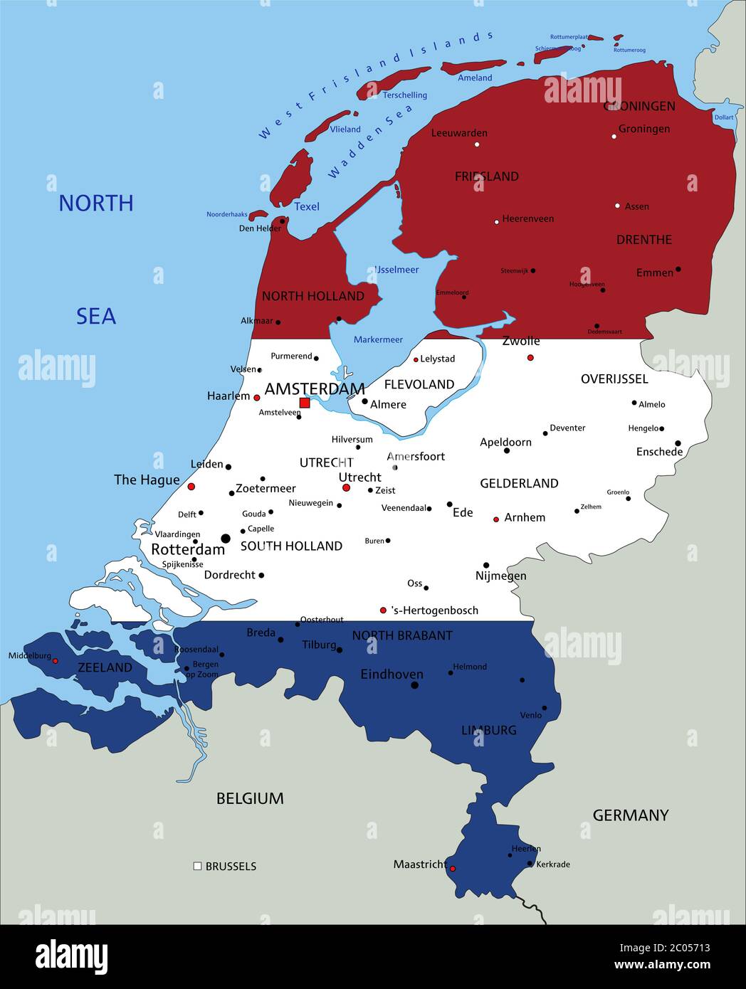 Países Bajos Mapa político detallado con bandera nacional aislada sobre