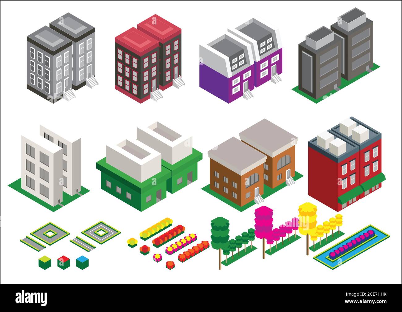 Conjunto de elementos vectoriales isométricos Rascacielos parque con