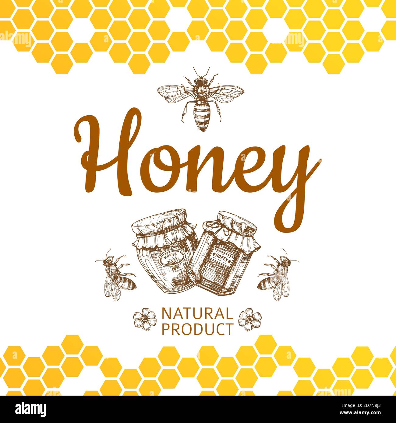 Logo De Miel Vintage Y Fondo Con Abeja Vectorial Jarras De Miel Y