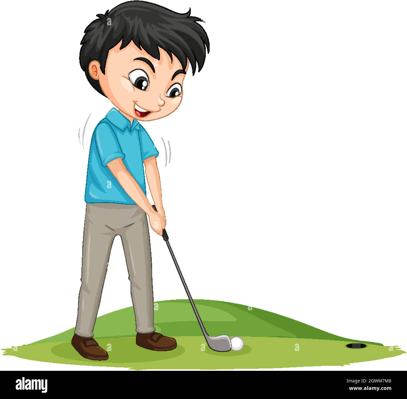 Personaje de dibujos animados de un niño jugando al golf sobre fondo