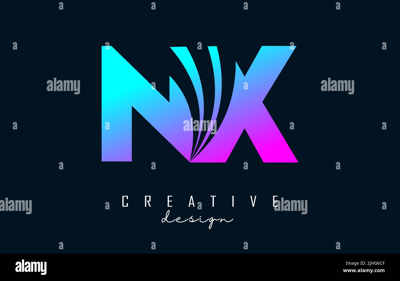 Logotipo creativo y colorido de letras NX n x con líneas líderes y