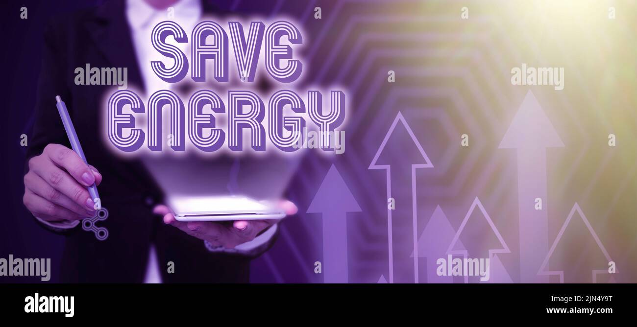 Mano Escritura Signo Save Energy Escaparate De Negocios Disminuir La