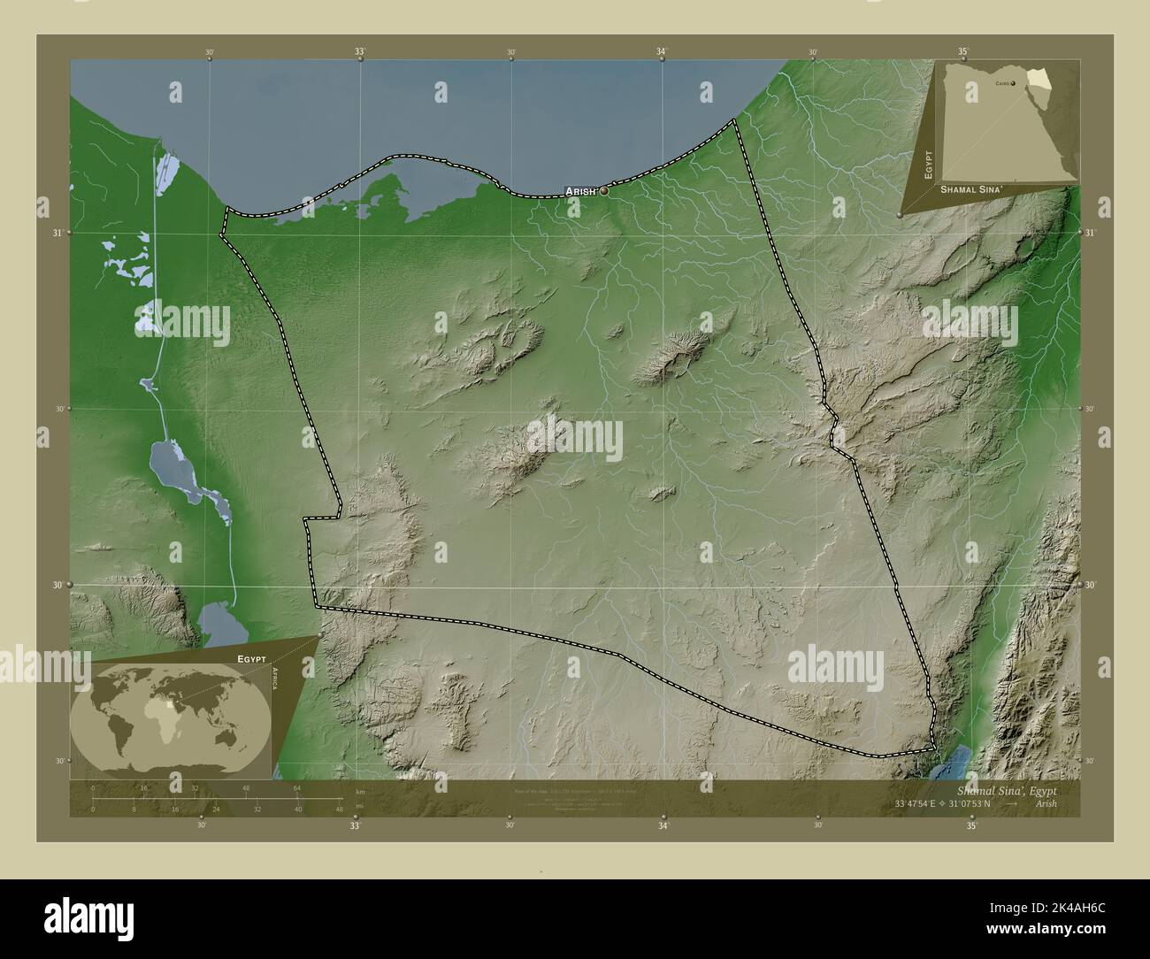 Shamal Sina gobernación de Egipto Mapa de altura coloreado en estilo