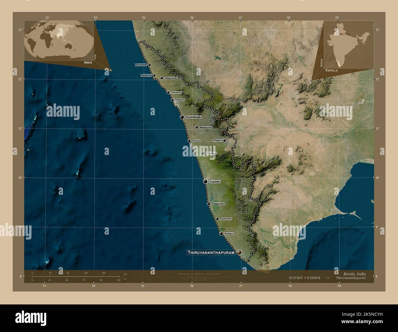 Kerala estado de la India Mapa satelital de baja resolución Lugares