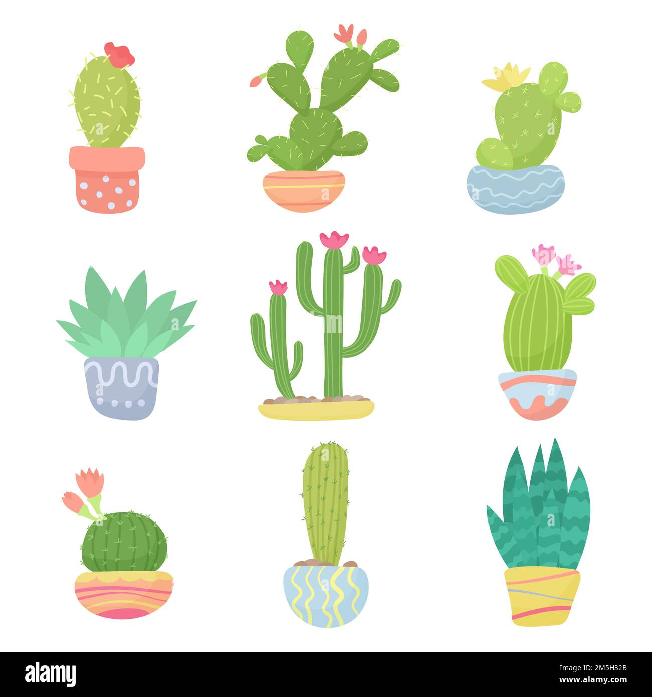 Conjunto De Dibujos Animados Planos Lindo Desierto O Hogar Olla Cactus