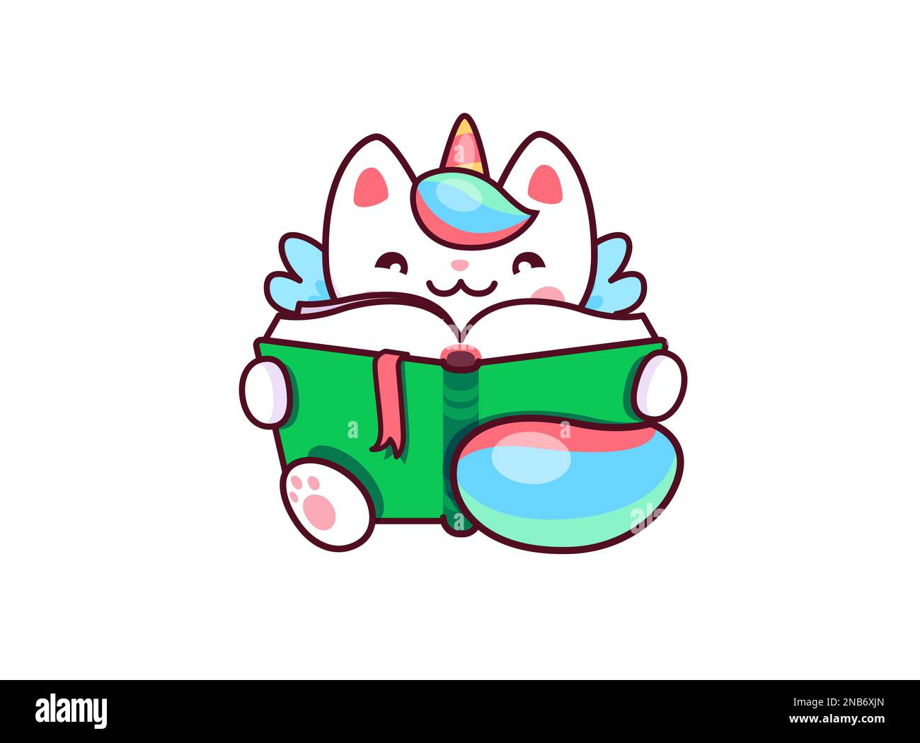 Dibujos Animados Lindo Kawaii Caticorn Personaje Leyendo Un Libro