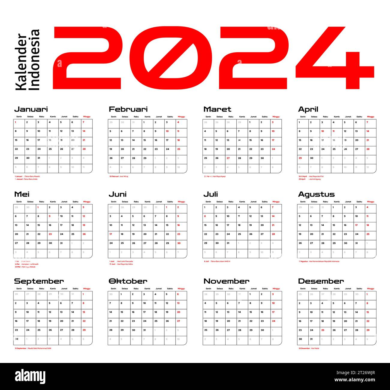 Calendario Indonesio Vector De Plantilla Dise O M Nimo Simple