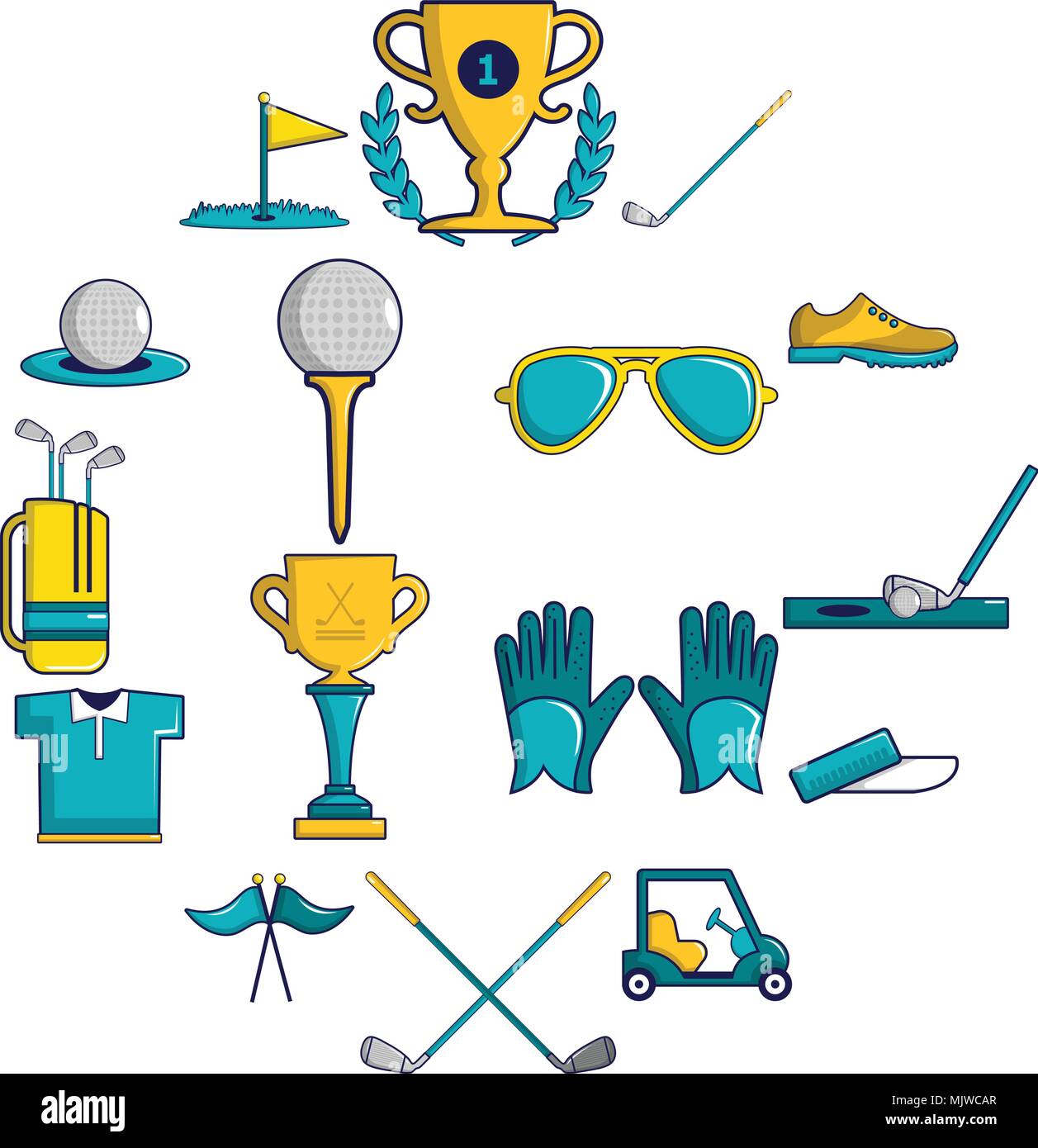 Golf conjunto de iconos símbolos del estilo de dibujos animados Imagen