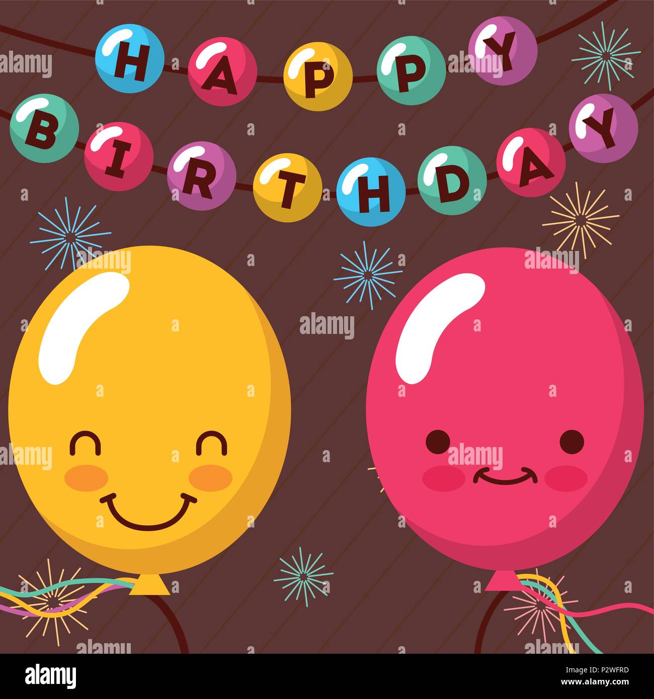 Rotulación globos kawaii sonriente Celebración feliz cumpleaños tarjeta