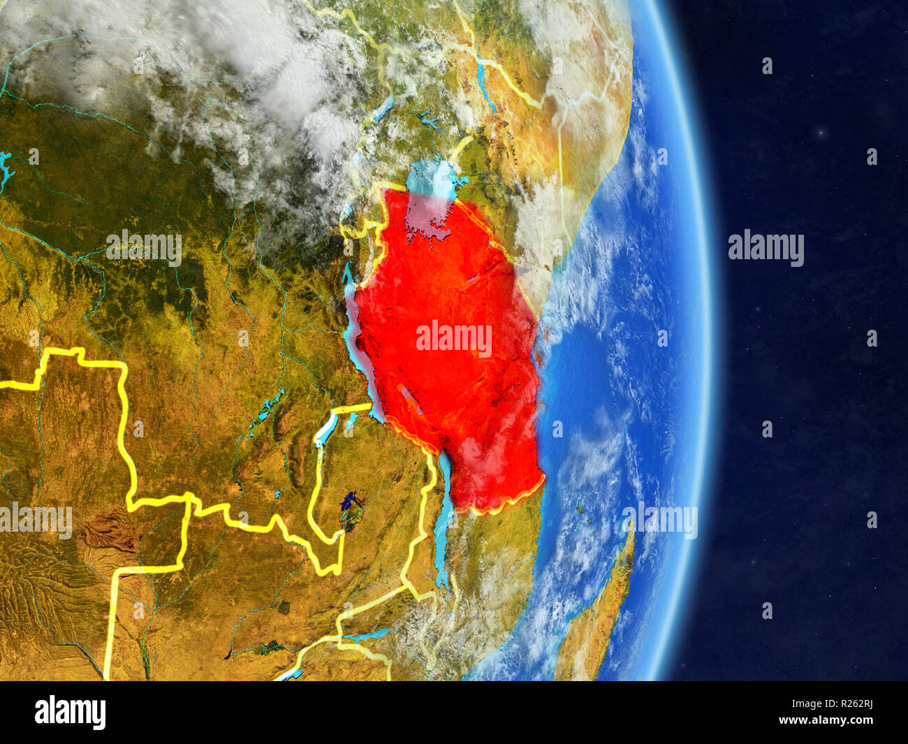 Tanzania en el planeta planeta tierra con las fronteras del país