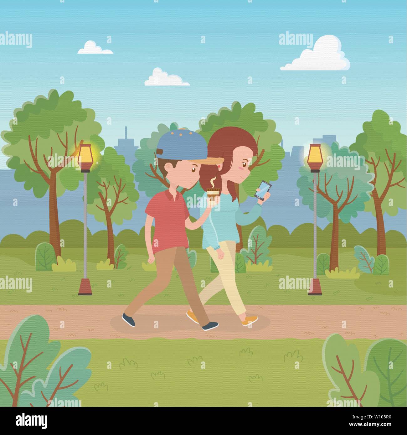 Pareja joven a caminar en el parque personajes diseño ilustración