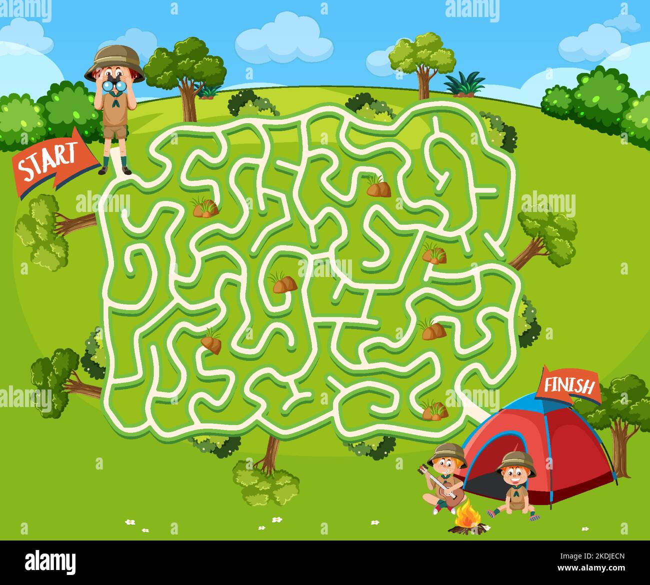 Modèle de jeu de labyrinthe dans le thème de camping pour les enfants