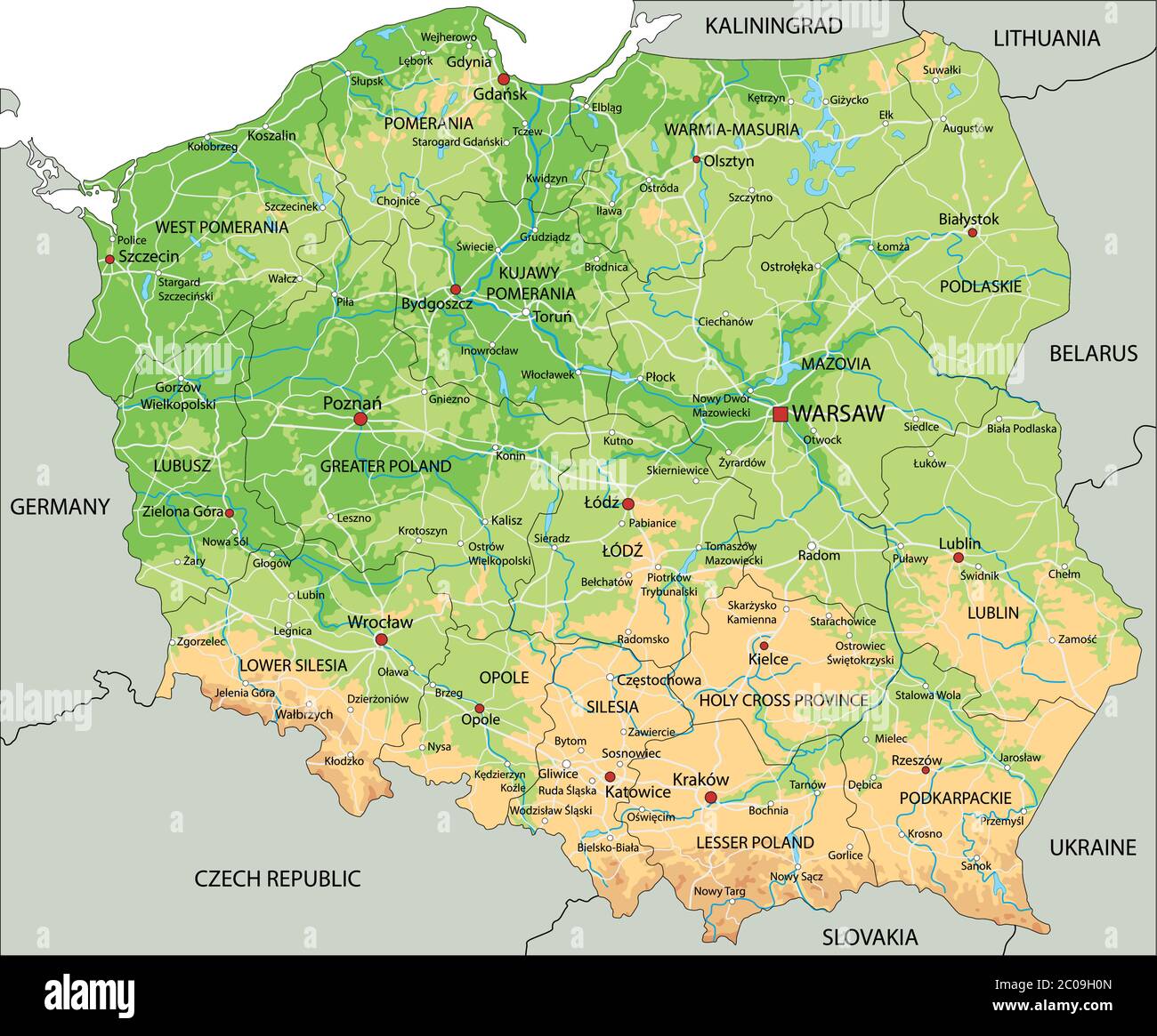 Mappa Fisica Della Polonia Con Etichettatura Immagine E Vettoriale Alamy
