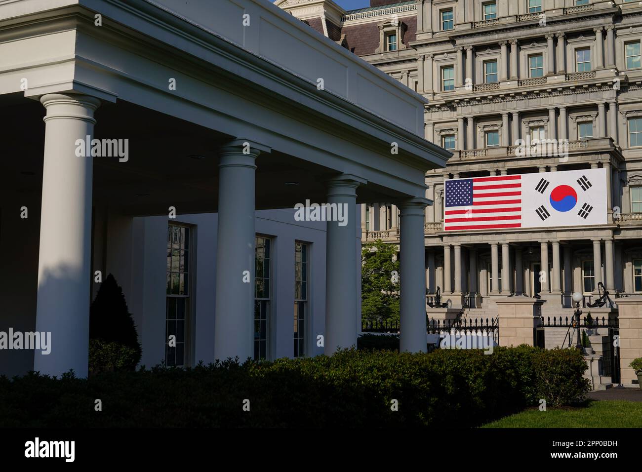 American And South Korean Flags Hang From The Eisenhower Executive