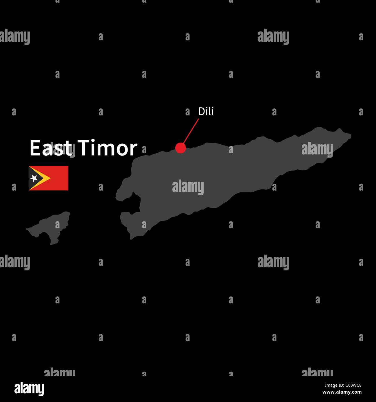 Mappa dettagliata di Timor Est e la città capitale Dili con bandiera su