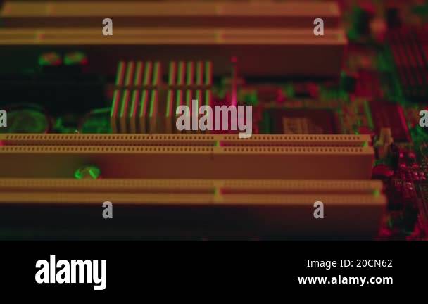 NEW YORK - May 19, 2019: In the colorful light macro electronic part of ...