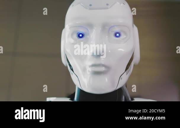 Indoor Portrait of Cybernetic Robot White Cyborg with Blue Eyes Staring ...