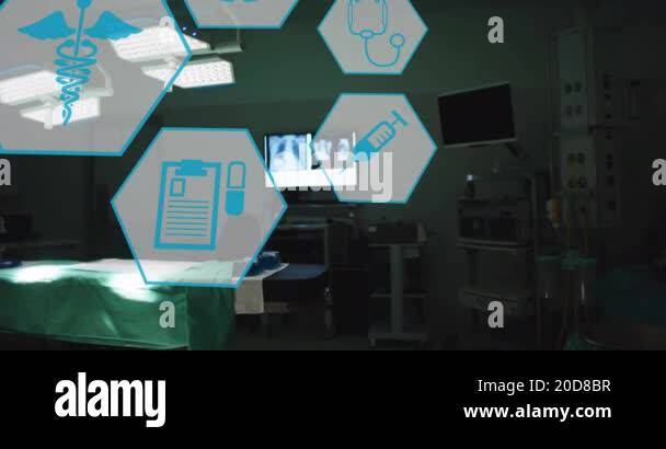 Animation of medical icons over empty operating room. Medicine and ...