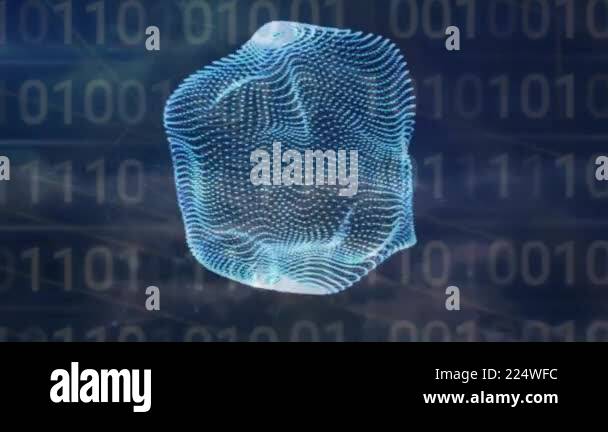Digital binary code and 3D mesh animation over dark blue background ...