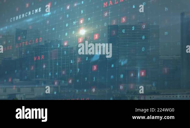 Cloud computing concept animation over cityscape with binary code and ...