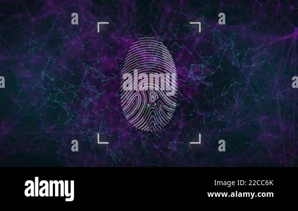 Animation of fingerprint scanning over network of connections on black ...