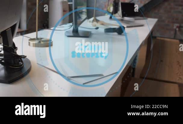 Animation of digital padlock icon and data processing over desks in ...
