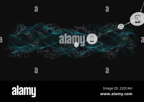 Network of connected devices and data flow animation over digital wave ...
