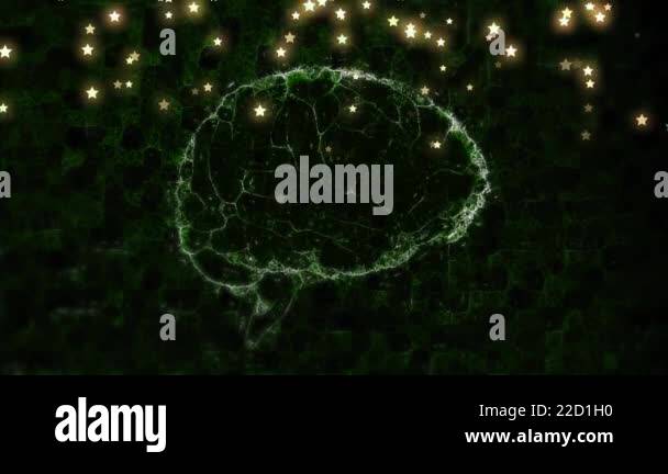 Glowing stars and neural network animation over dark green background ...